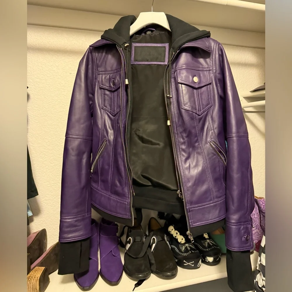 Purple Women's  Leather Hooded Jacket - Picture 2 of 5